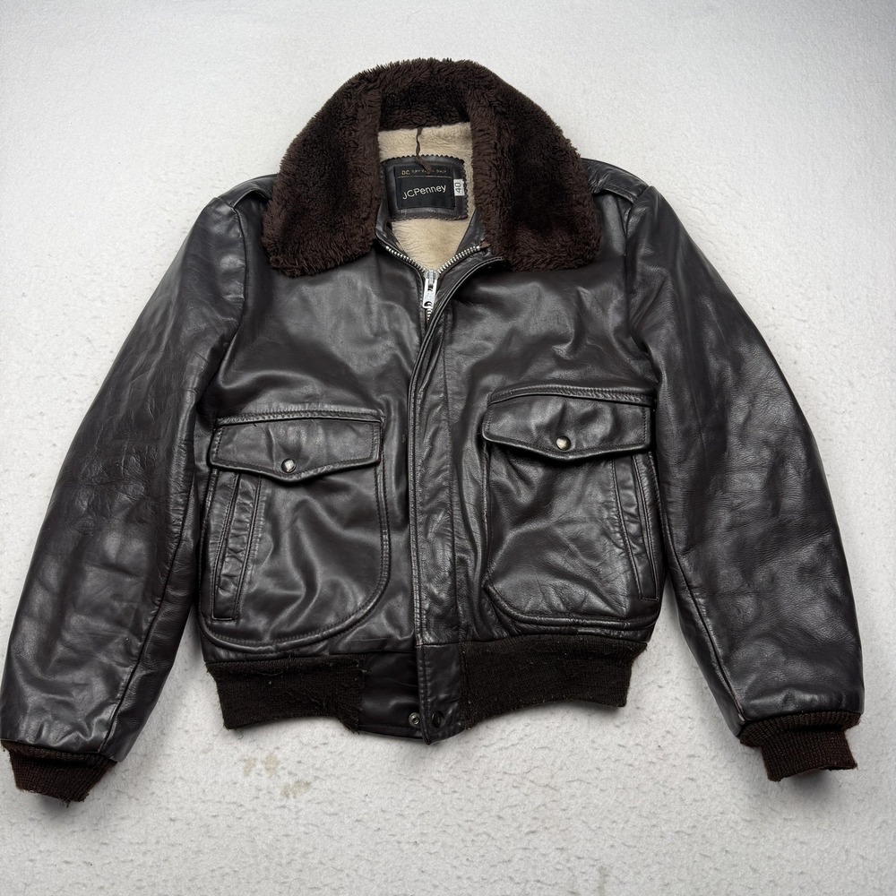 JCPenney Jacket Mens 40 Brown Leather A-2 Bomber Sherpa Collar Lined Winter